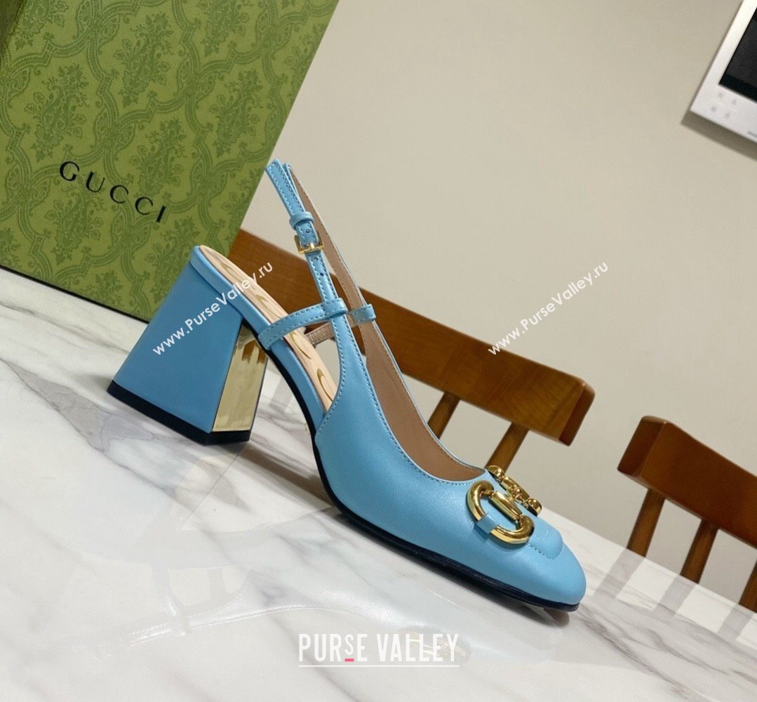 Gucci Heel 2.5cm/5.5cm/7.5cm slingbacks with Horsebit in leather Sky Blue (modeng-24032655)