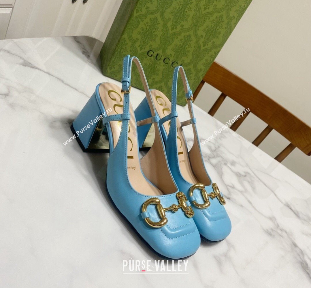 Gucci Heel 2.5cm/5.5cm/7.5cm slingbacks with Horsebit in leather Sky Blue (modeng-24032655)