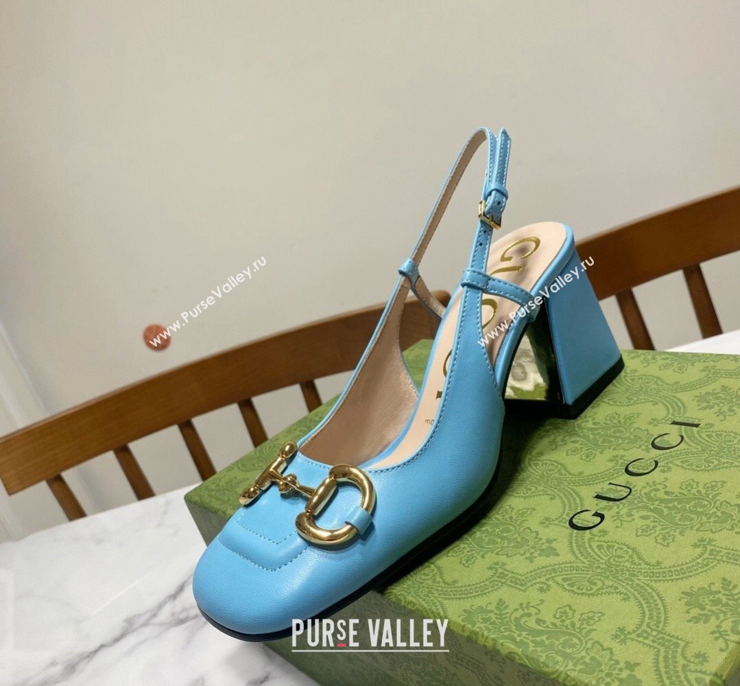 Gucci Heel 2.5cm/5.5cm/7.5cm slingbacks with Horsebit in leather Sky Blue (modeng-24032655)