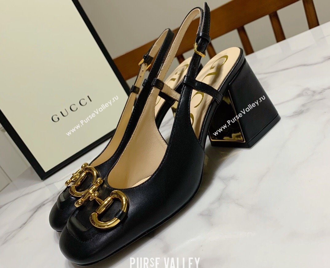 Gucci Heel 2.5cm/5.5cm/7.5cm slingbacks with Horsebit in leather Black (modeng-24032648)