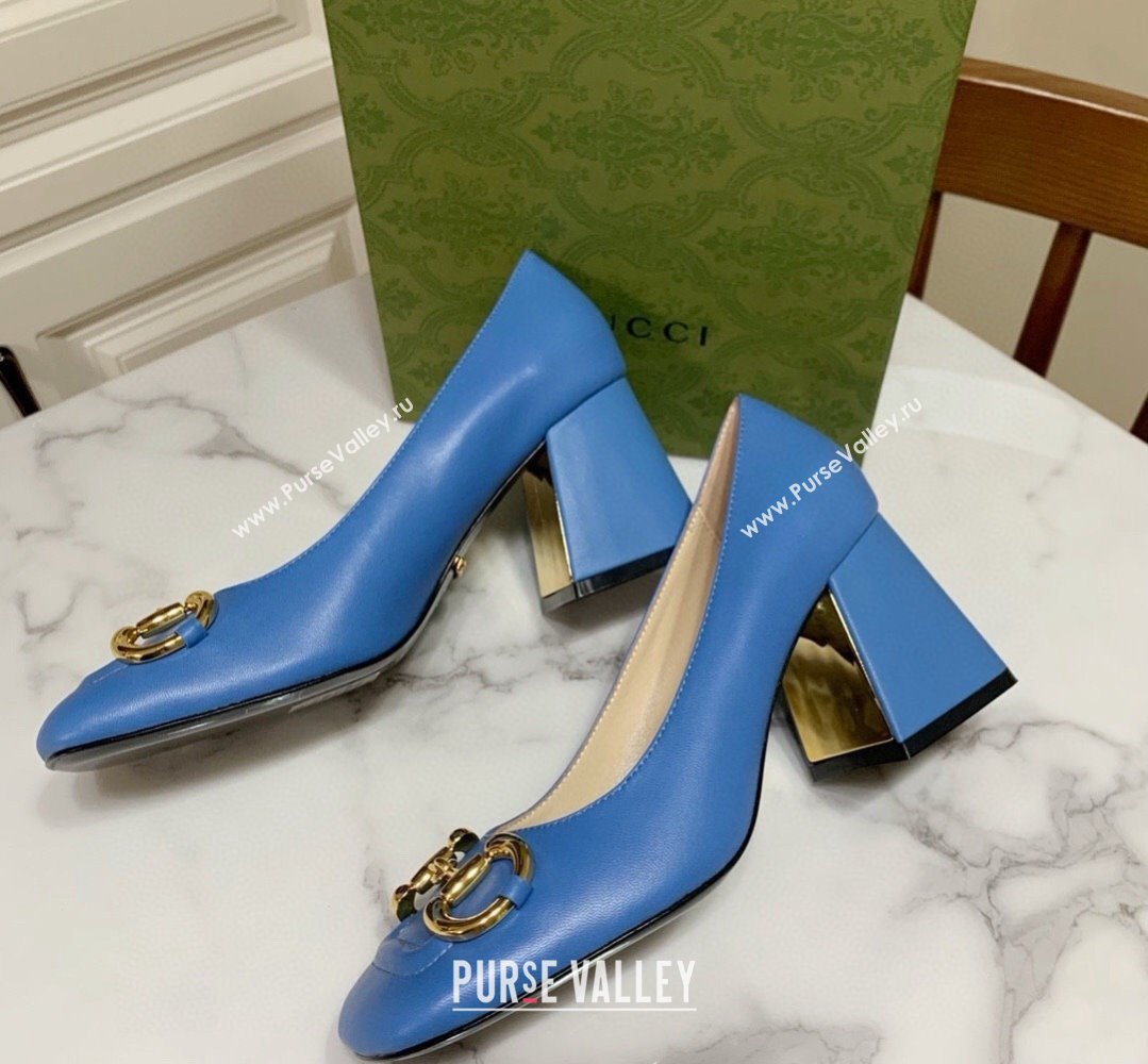 Gucci Heel 2.5cm/5.5cm/7.5cm pumps with Horsebit in leather Blue (modeng-24032645)