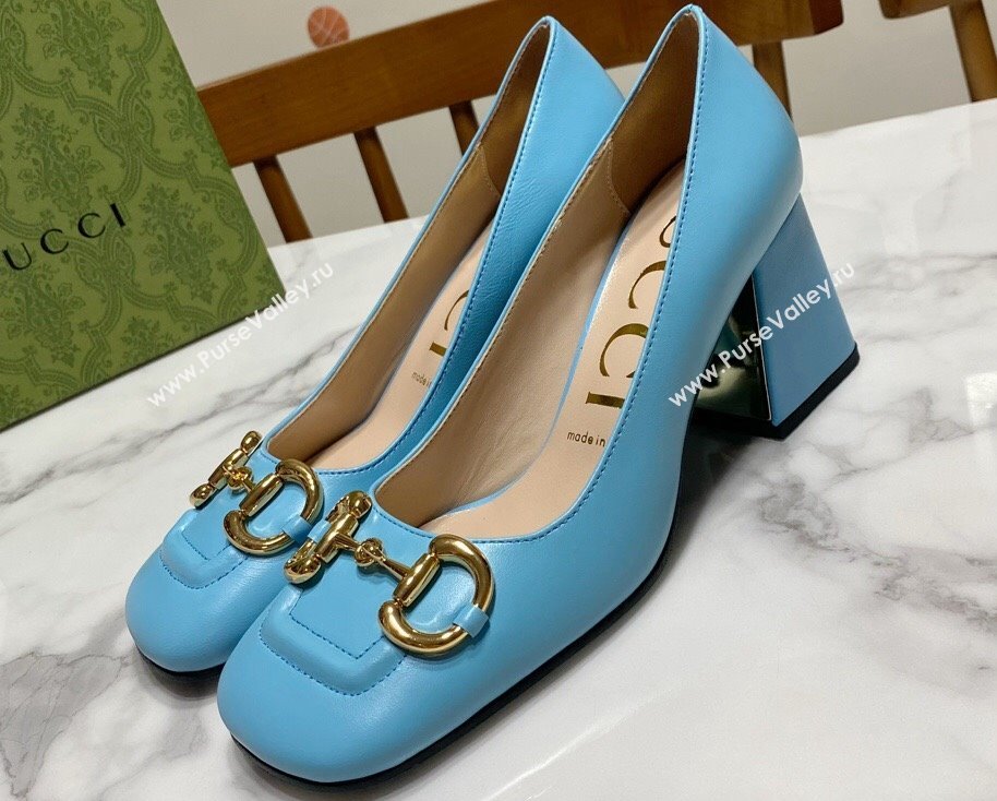 Gucci Heel 2.5cm/5.5cm/7.5cm pumps with Horsebit in leather Sky Blue (modeng-24032646)