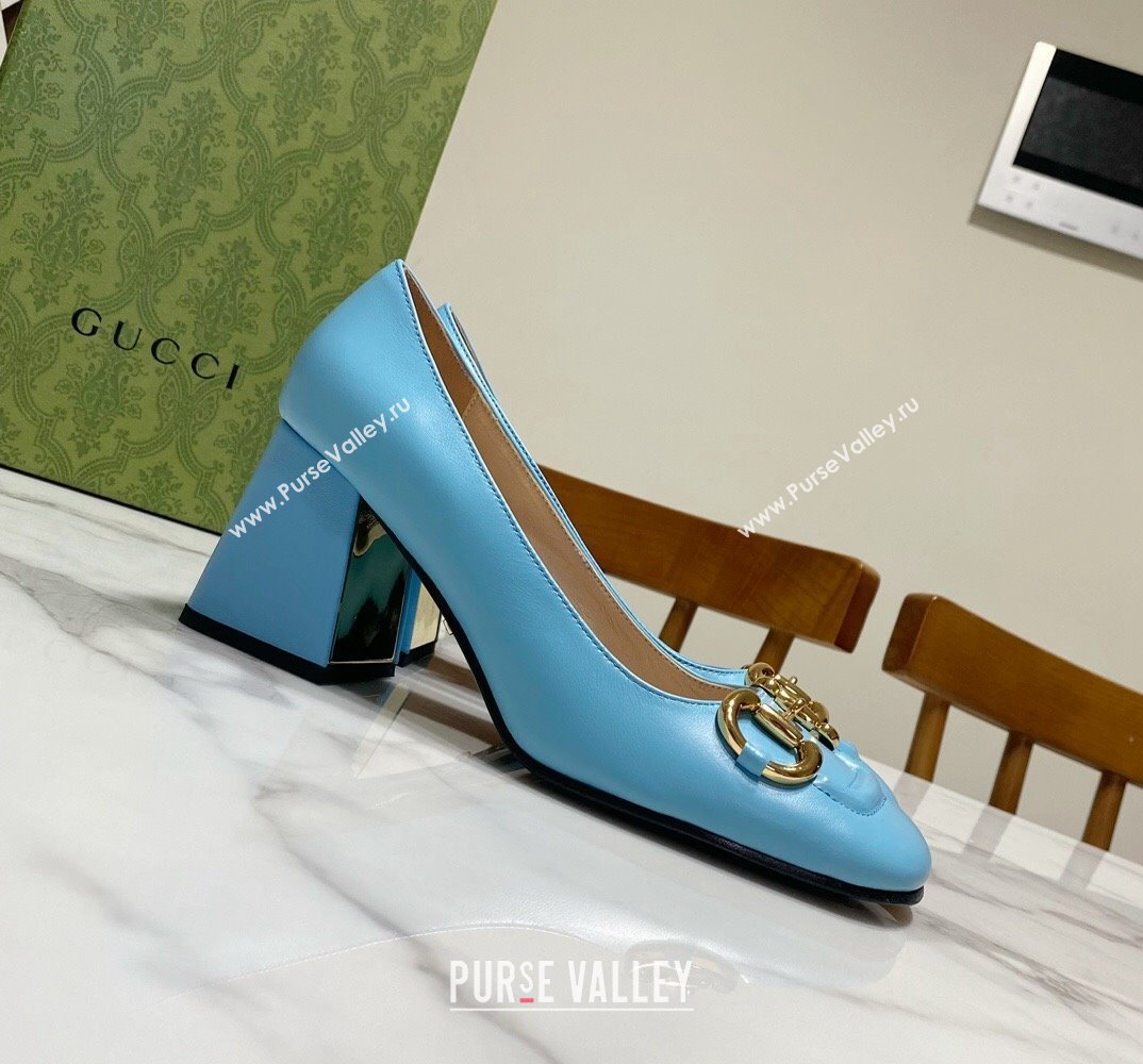 Gucci Heel 2.5cm/5.5cm/7.5cm pumps with Horsebit in leather Sky Blue (modeng-24032646)