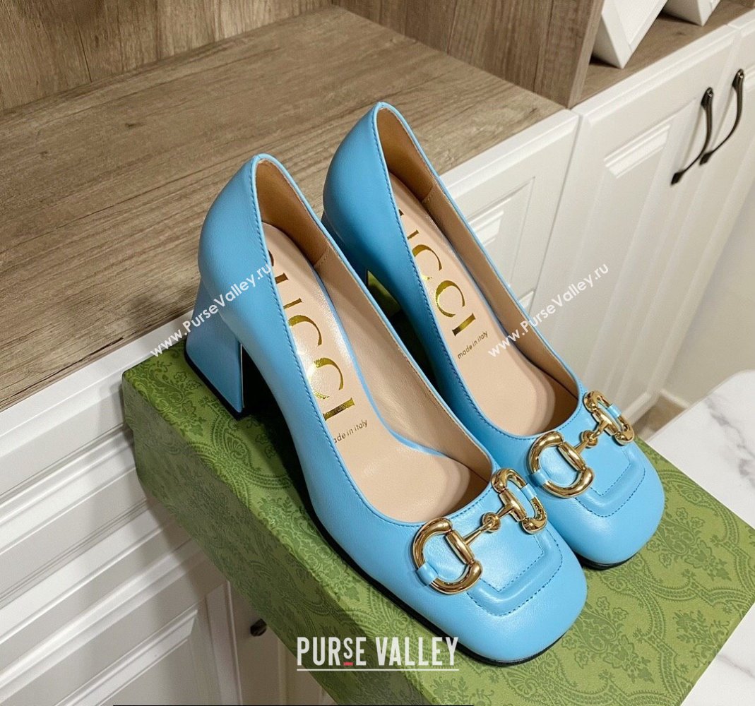 Gucci Heel 2.5cm/5.5cm/7.5cm pumps with Horsebit in leather Sky Blue (modeng-24032646)