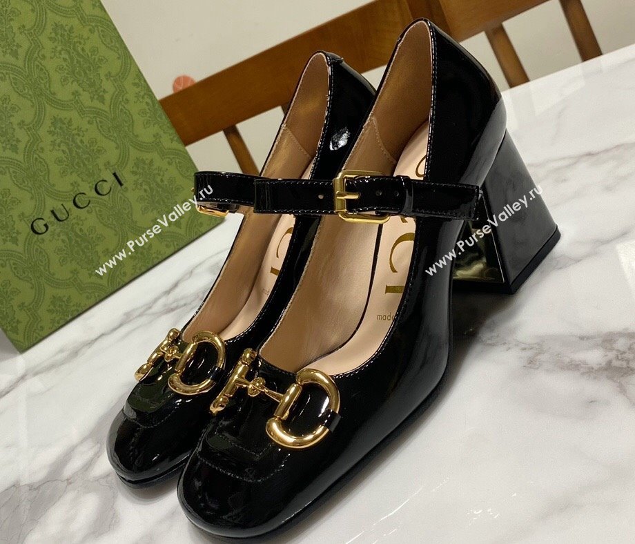 Gucci Heel 7.5cm Mary Jane Pumps with Horsebit and Strap in Patent leather Black (modeng-24032638)