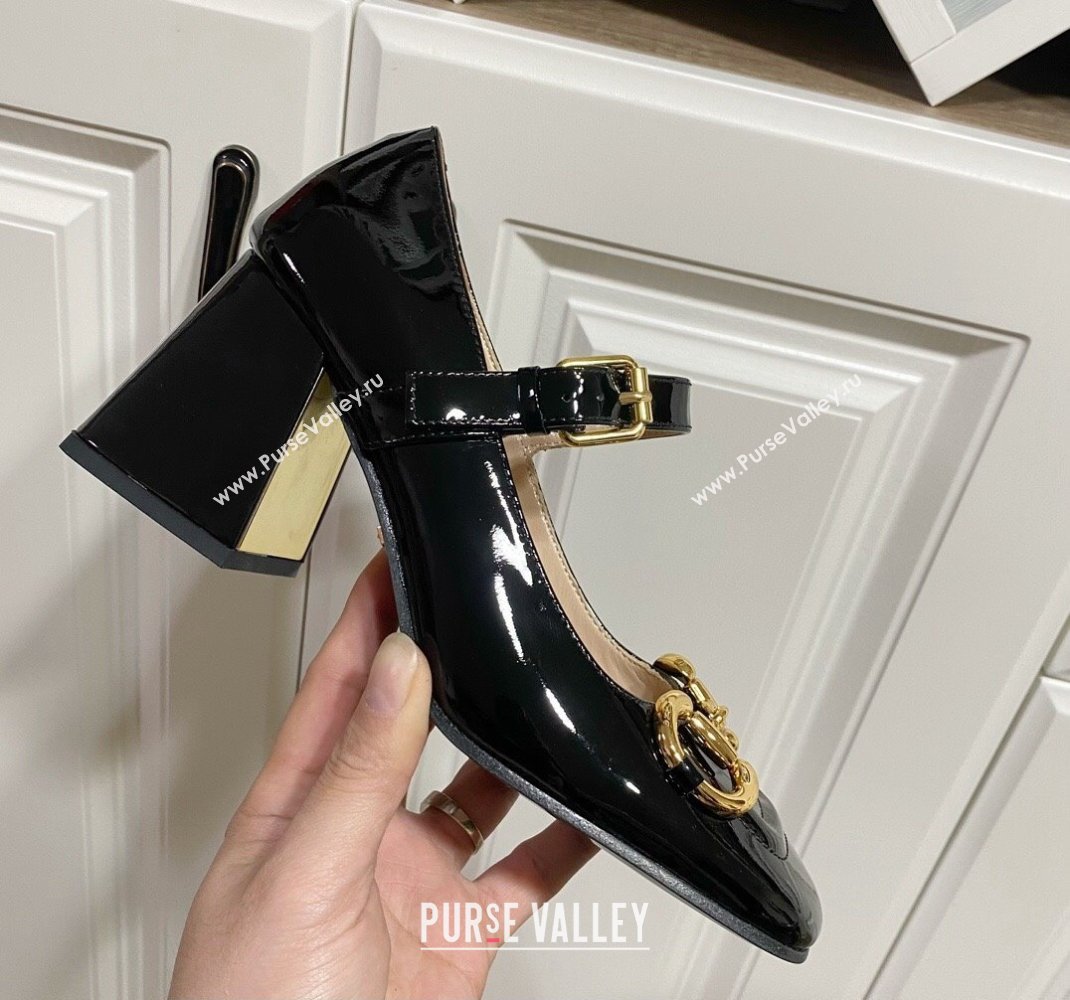 Gucci Heel 7.5cm Mary Jane Pumps with Horsebit and Strap in Patent leather Black (modeng-24032638)