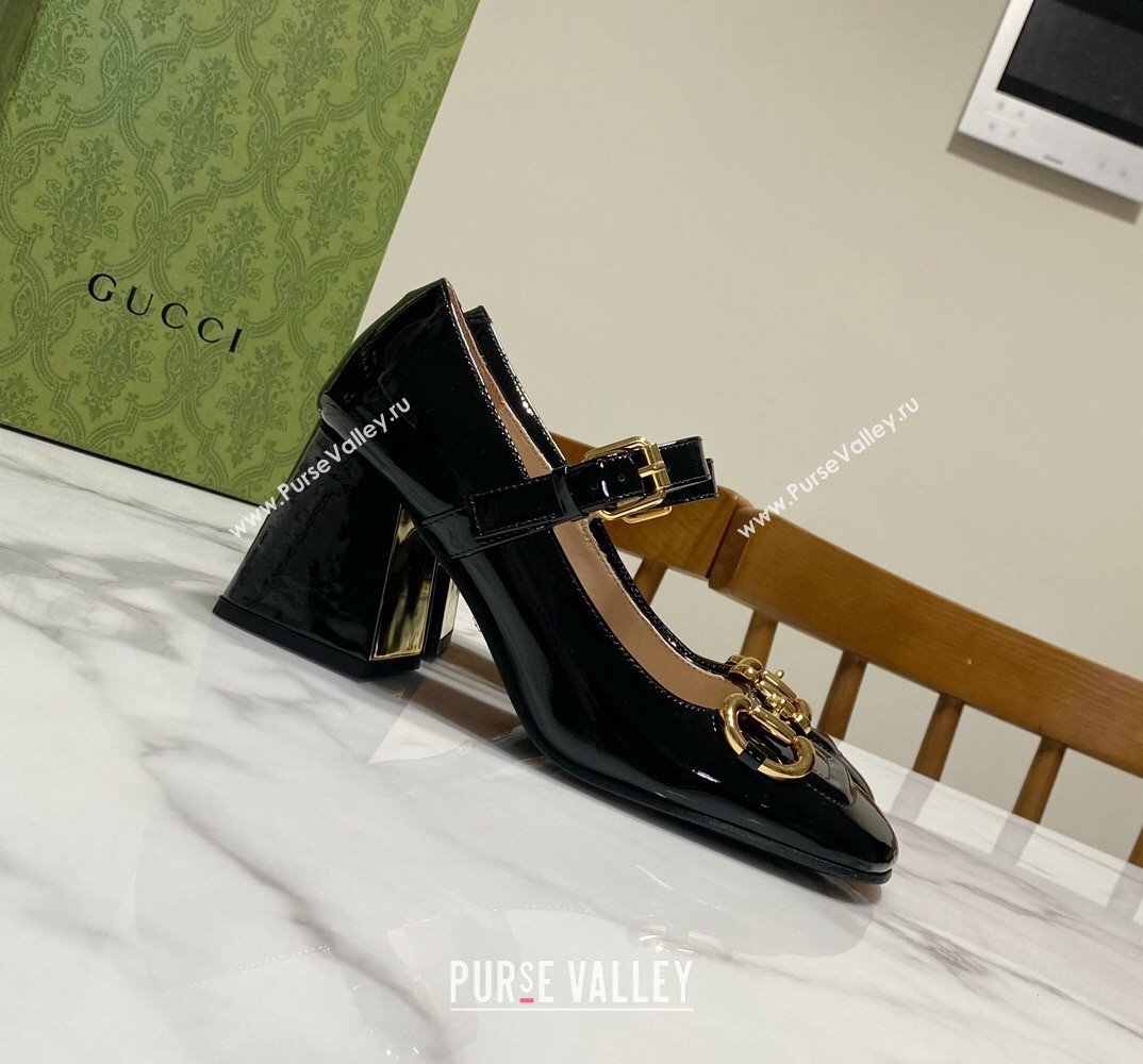 Gucci Heel 7.5cm Mary Jane Pumps with Horsebit and Strap in Patent leather Black (modeng-24032638)