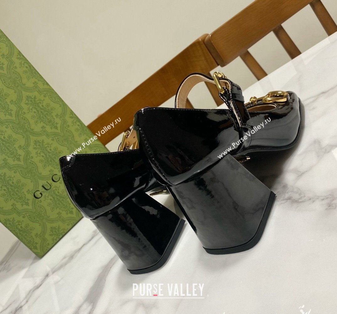 Gucci Heel 7.5cm Mary Jane Pumps with Horsebit and Strap in Patent leather Black (modeng-24032638)