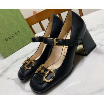 Gucci Heel 7.5cm Mary Jane Pumps with Horsebit and Strap in leather Black (modeng-24032639)