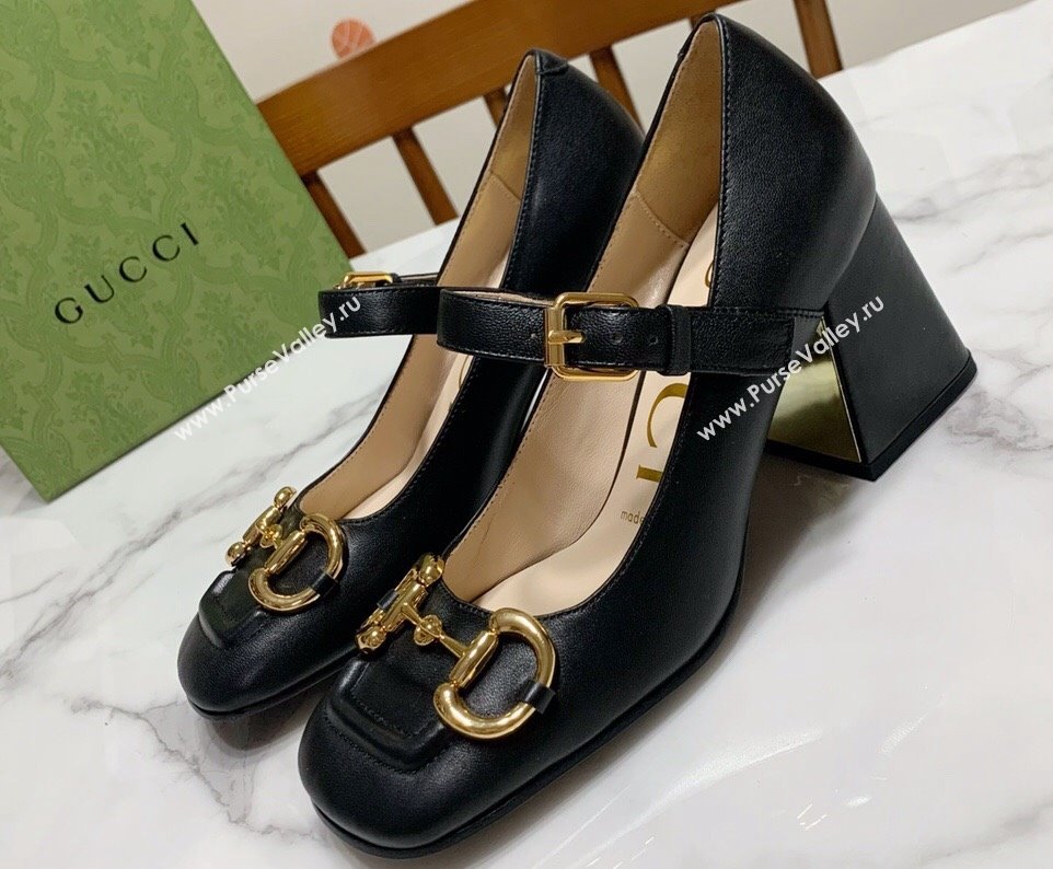 Gucci Heel 7.5cm Mary Jane Pumps with Horsebit and Strap in leather Black (modeng-24032639)