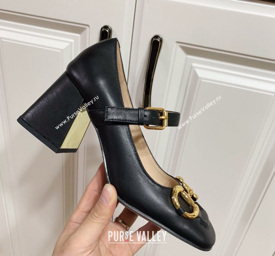 Gucci Heel 7.5cm Mary Jane Pumps with Horsebit and Strap in leather Black (modeng-24032639)