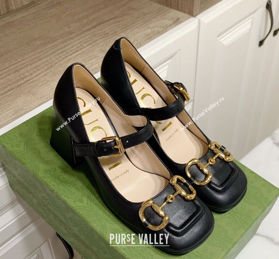 Gucci Heel 7.5cm Mary Jane Pumps with Horsebit and Strap in leather Black (modeng-24032639)