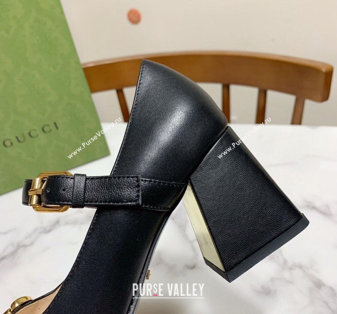 Gucci Heel 7.5cm Mary Jane Pumps with Horsebit and Strap in leather Black (modeng-24032639)