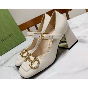 Gucci Heel 7.5cm Mary Jane Pumps with Horsebit and Strap in leather White (modeng-24032640)