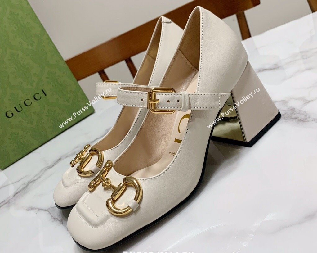 Gucci Heel 7.5cm Mary Jane Pumps with Horsebit and Strap in leather White (modeng-24032640)