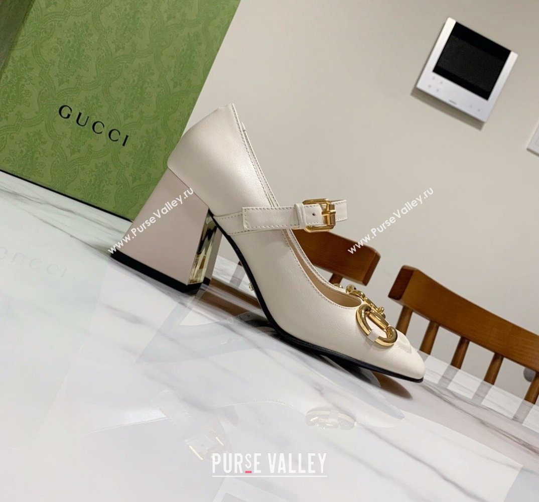 Gucci Heel 7.5cm Mary Jane Pumps with Horsebit and Strap in leather White (modeng-24032640)