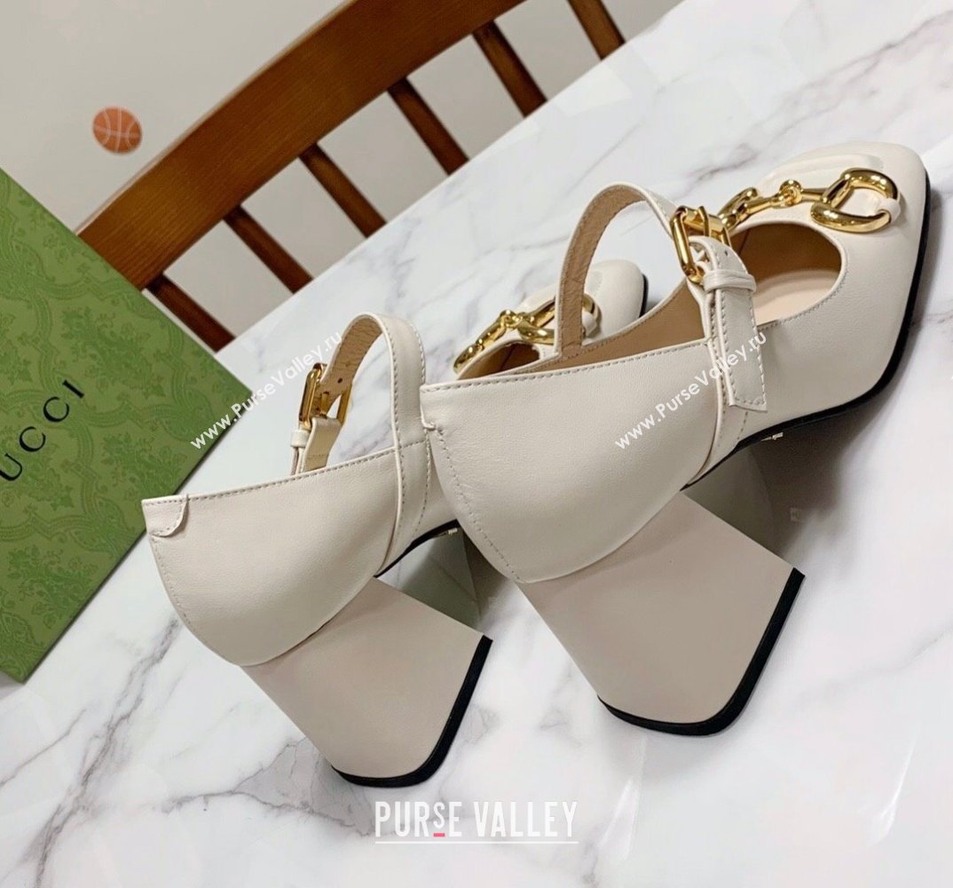 Gucci Heel 7.5cm Mary Jane Pumps with Horsebit and Strap in leather White (modeng-24032640)