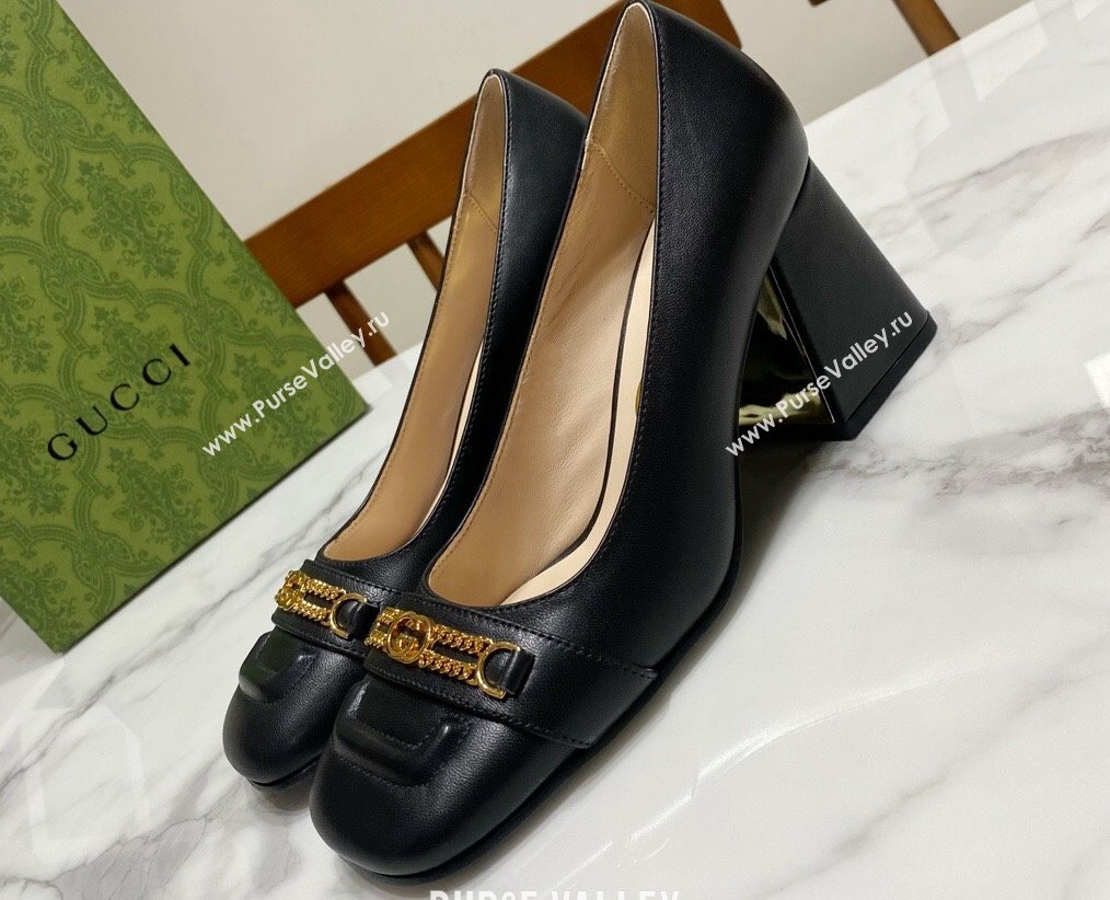 Gucci Heel 7.5cm Pumps with Interlocking G and Chain in leather Black (modeng-24032636)