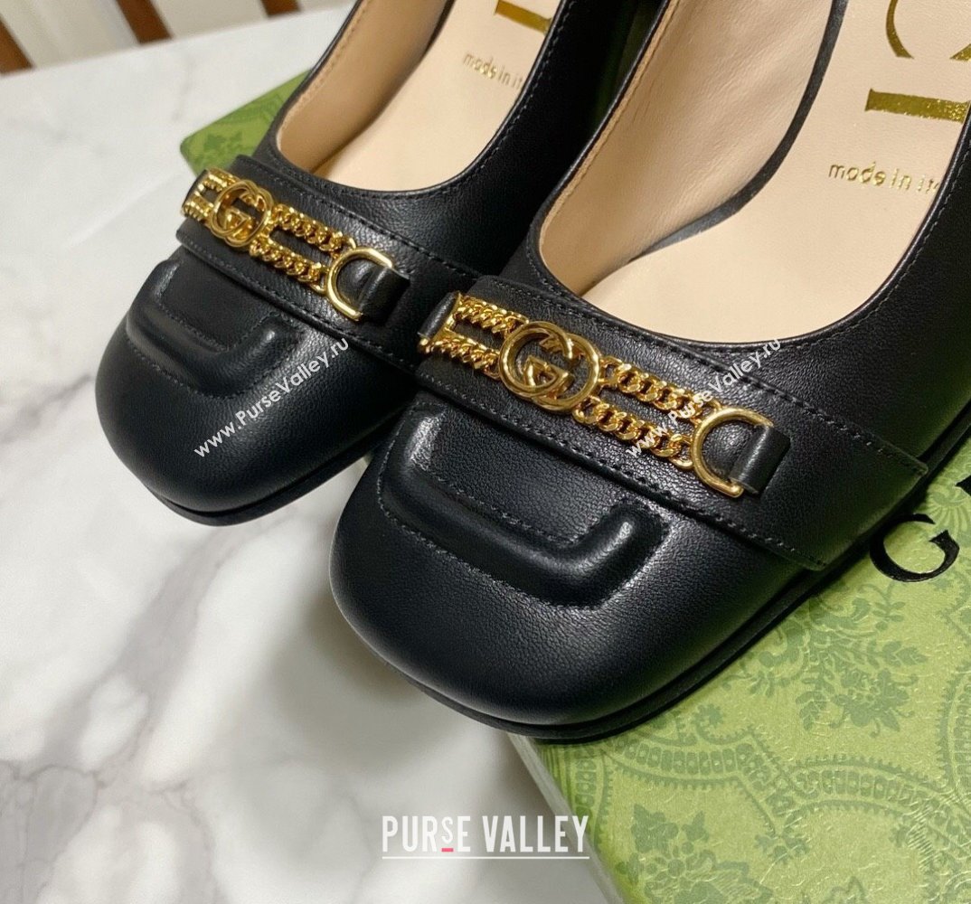 Gucci Heel 7.5cm Pumps with Interlocking G and Chain in leather Black (modeng-24032636)