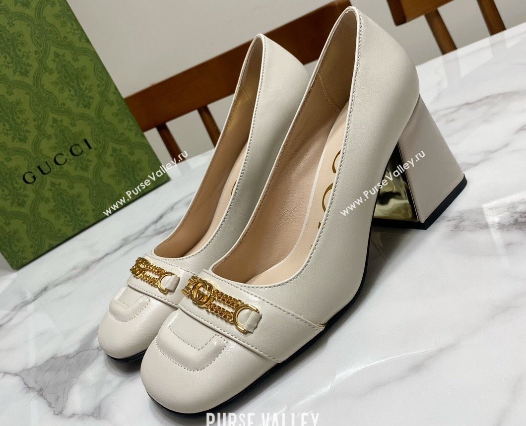 Gucci Heel 7.5cm Pumps with Interlocking G and Chain in leather White (modeng-24032637)