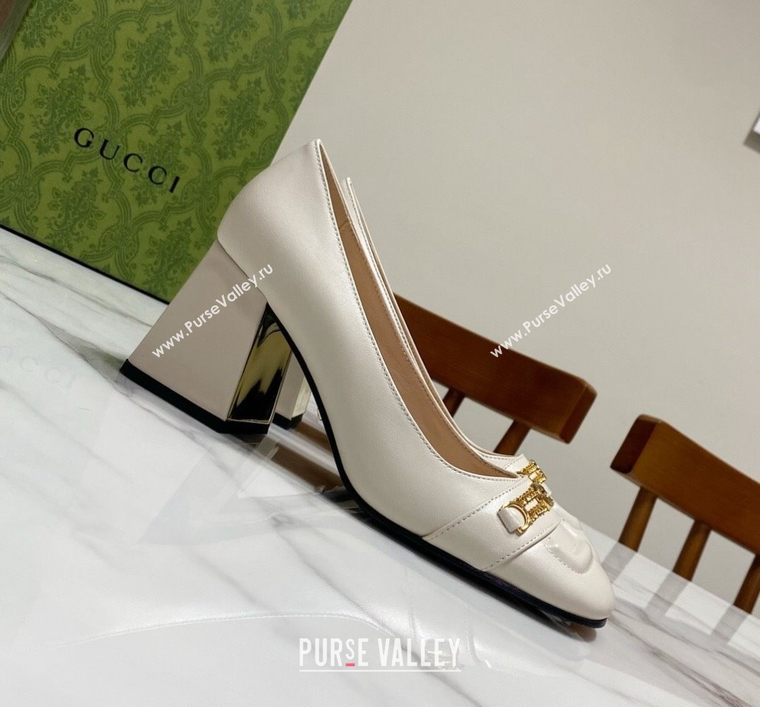 Gucci Heel 7.5cm Pumps with Interlocking G and Chain in leather White (modeng-24032637)