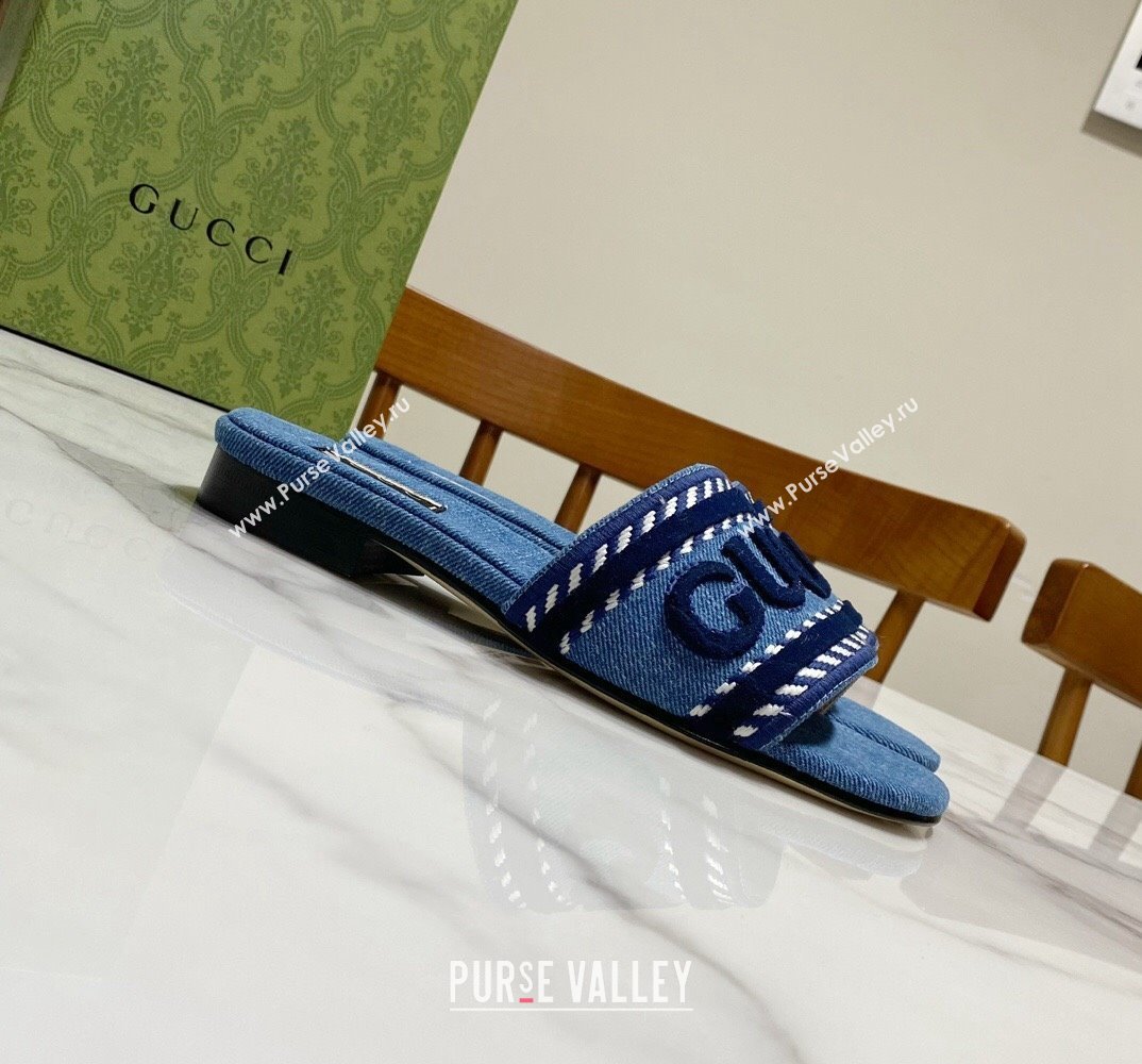 Gucci slide sandals with Gucci script ‎771589 Light blue denim 2024 (modeng-24032618)