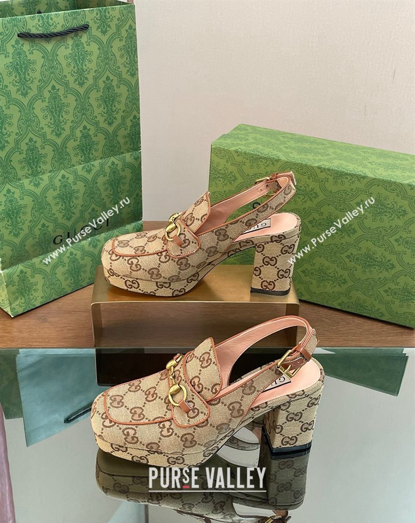 Gucci Heel 8.5cm Platform 2.5cm Horsebit mules 776916 GG canvas Beige 2024 (modeng-24032620)