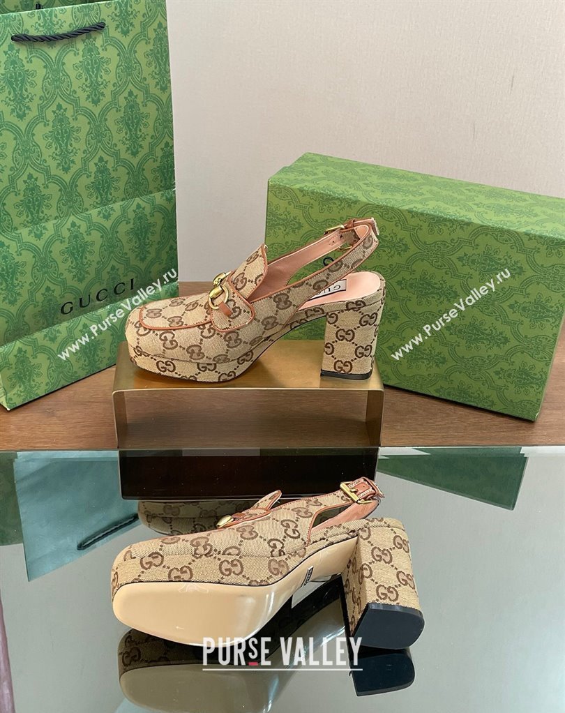 Gucci Heel 8.5cm Platform 2.5cm Horsebit mules 776916 GG canvas Beige 2024 (modeng-24032620)