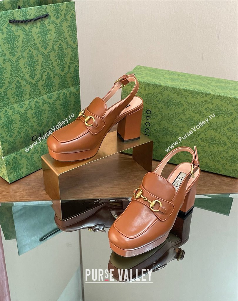 Gucci Heel 8.5cm Platform 2.5cm Horsebit mules 771566 leather Brown 2024 (modeng-24032623)