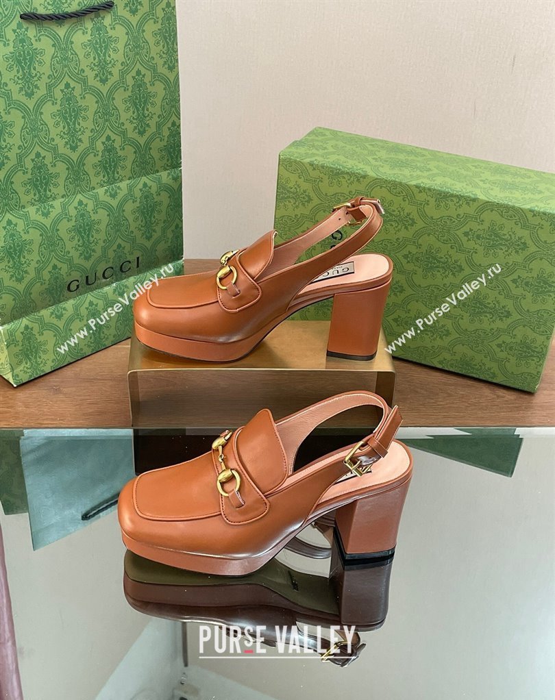 Gucci Heel 8.5cm Platform 2.5cm Horsebit mules 771566 leather Brown 2024 (modeng-24032623)