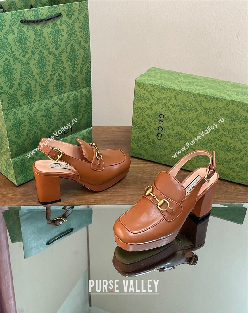 Gucci Heel 8.5cm Platform 2.5cm Horsebit mules 771566 leather Brown 2024 (modeng-24032623)