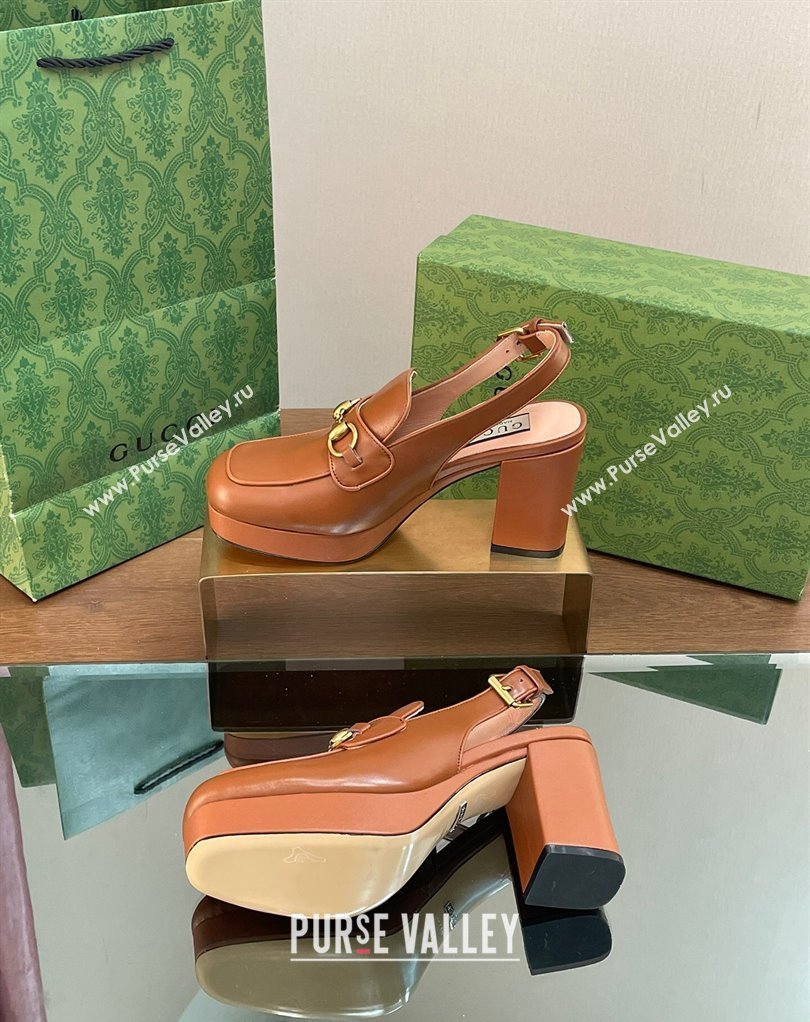 Gucci Heel 8.5cm Platform 2.5cm Horsebit mules 771566 leather Brown 2024 (modeng-24032623)