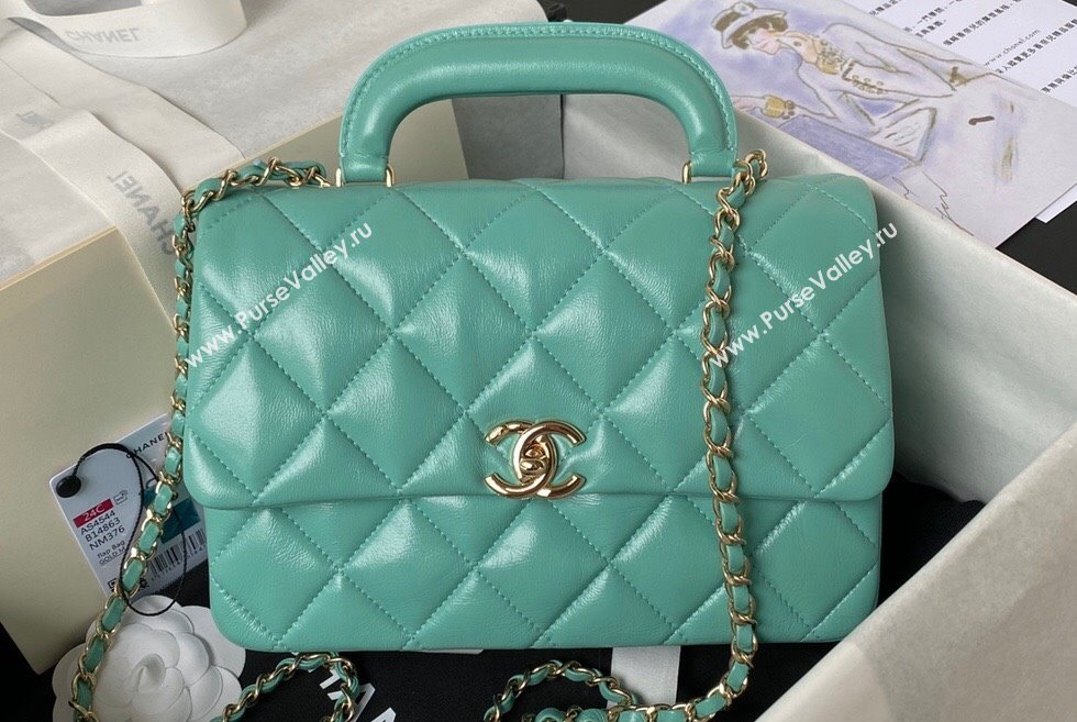 Chanel Calfskin Gold-Tone Metal Flap Bag With Top Handle AS4544 Green 2024 (jiyuan-24032725)