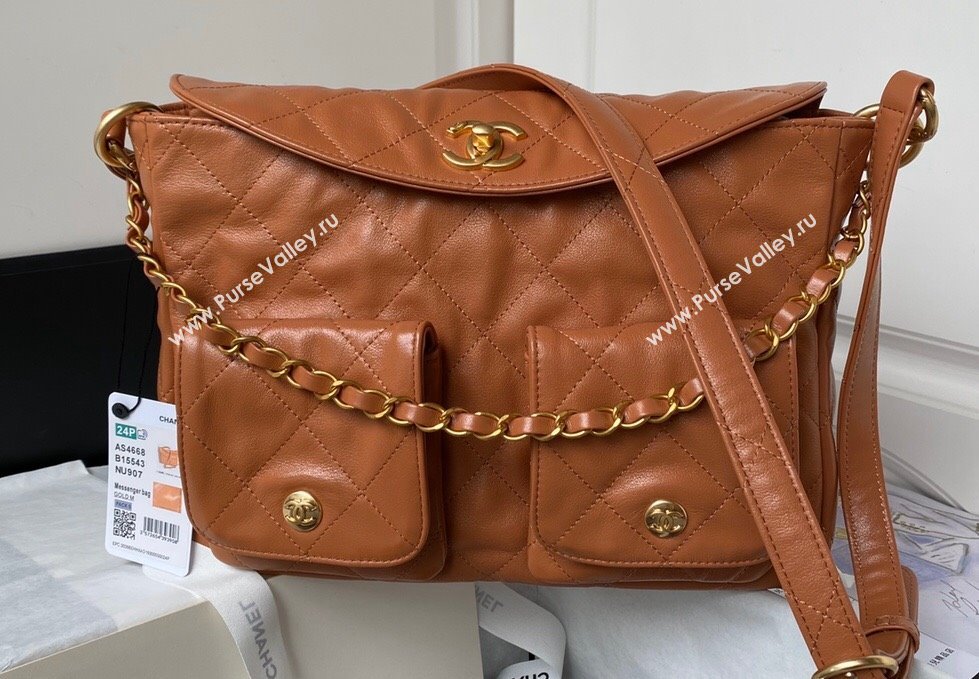 Chanel Shiny Calfskin Gold-Tone Metal Large Hobo Bag AS4668 Brown 2024 (jiyuan-24032729)