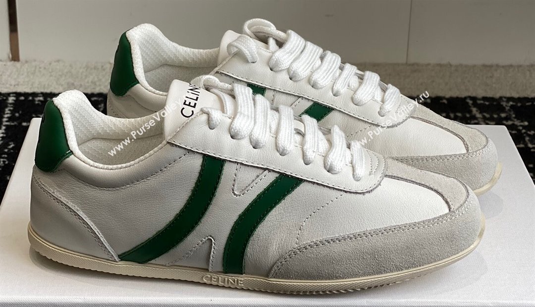 Celine Jogger Low Lace-Up Sneakers In Calfskin Suede Calfskin White/Green 2024 (danni-24032504)