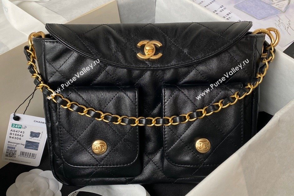 Chanel Shiny Calfskin Gold-Tone Metal Hobo Handbag AS4743 Black 2024 (jiyuan-24032731)