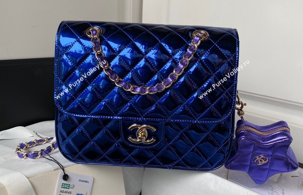 Chanel Mirror Calfskin, Calfskin Gold-Tone Metal Backpack Bag Star Coin Purse AS4649 Metallic Blue 2024 (jiyuan-24032703)