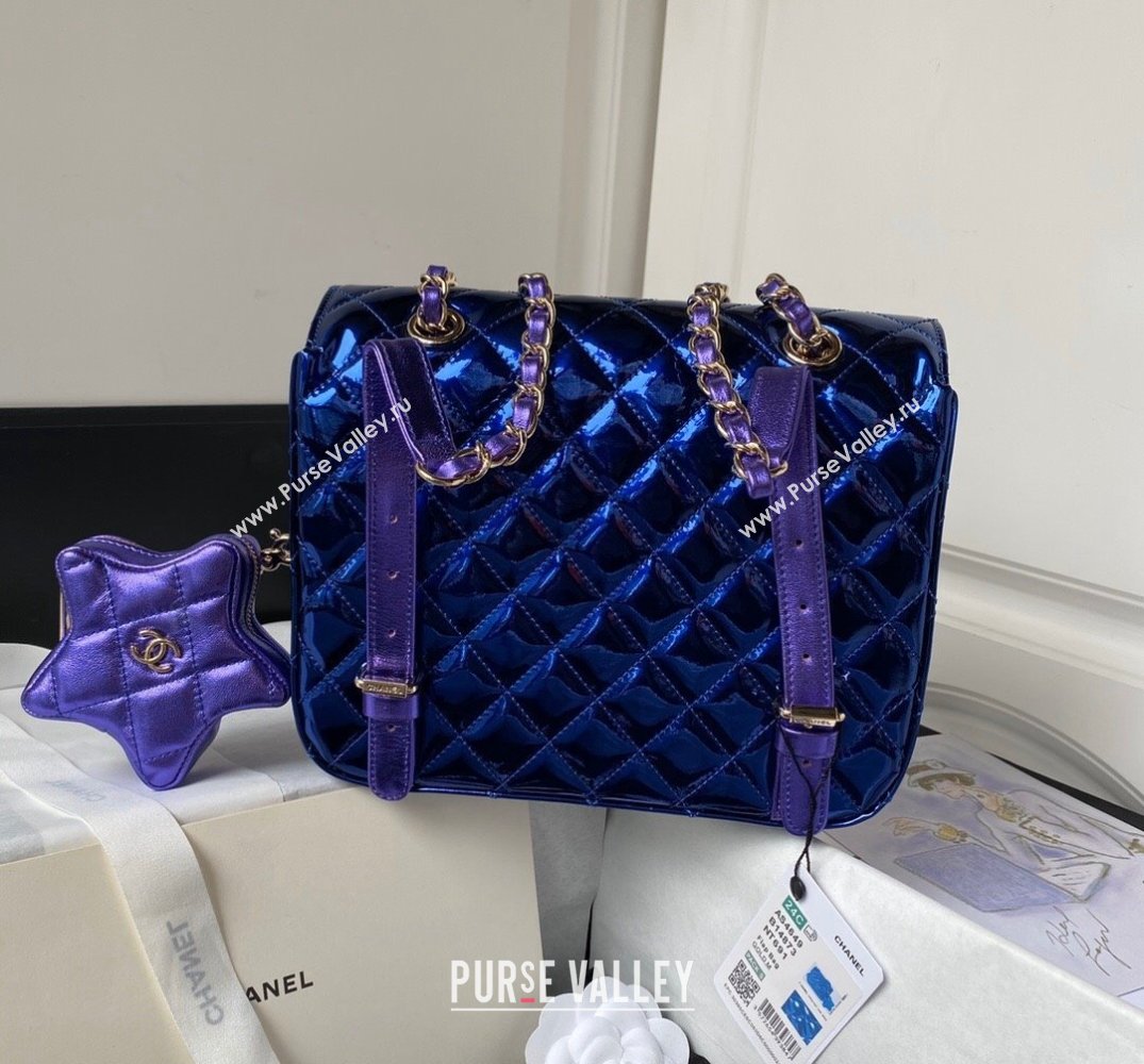 Chanel Mirror Calfskin, Calfskin Gold-Tone Metal Backpack Bag Star Coin Purse AS4649 Metallic Blue 2024 (jiyuan-24032703)