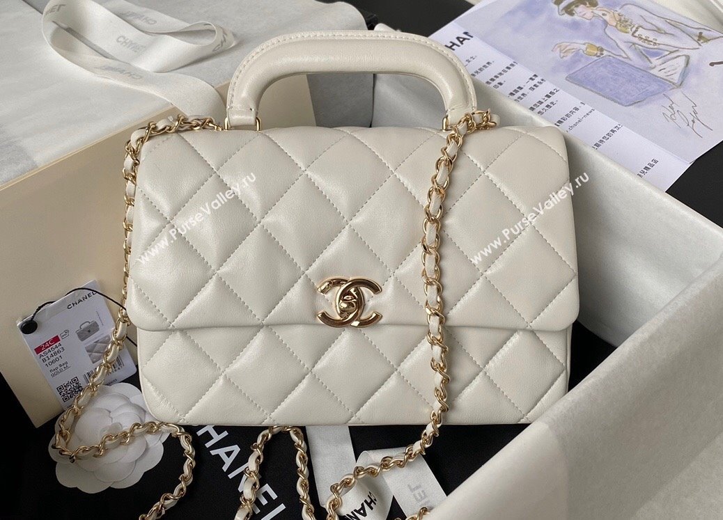 Chanel Calfskin Gold-Tone Metal Flap Bag With Top Handle AS4544 White 2024 (jiyuan-24032723)
