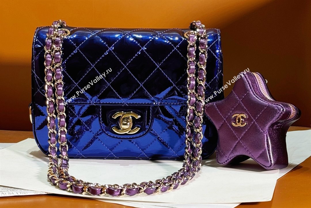 Chanel Mirror Calfskin, Calfskin Gold-Tone Metal Mini Flap Bag Star Coin Purse AS4646 Metallic Blue 2024 (jiyuan-24032707)