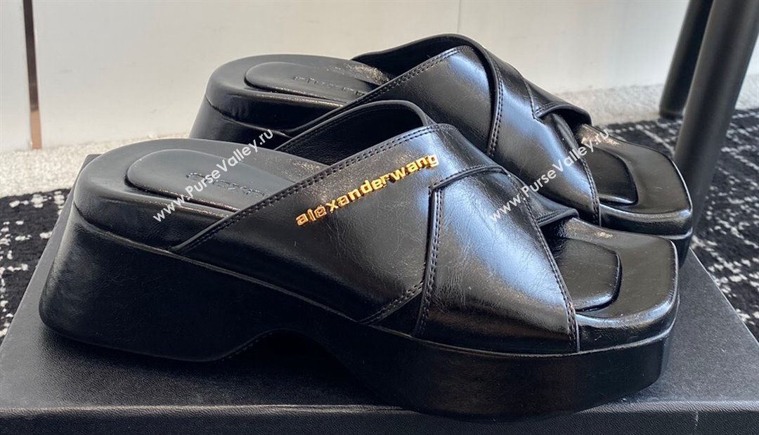 Alexander Wang Heel 5cm Float Criss-Cross Platform Sandals crackle patent calf leather Black 2024 (jincheng-24032819)