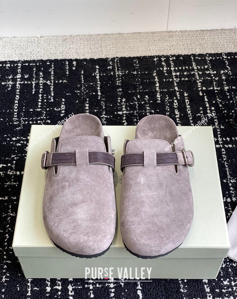 Brunello Cucinelli Monili Suede Buckle Flat Mules Gray 2024 (jincheng-24032714)