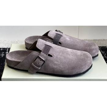 Brunello Cucinelli Monili Suede Buckle Flat Mules Gray 2024 (jincheng-24032714)