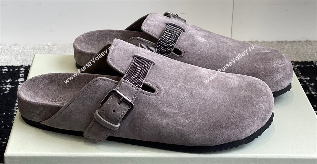 Brunello Cucinelli Monili Suede Buckle Flat Mules Gray 2024 (jincheng-24032714)