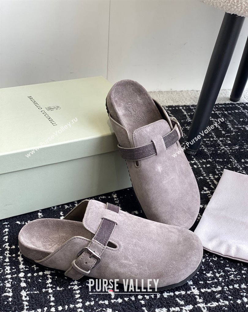 Brunello Cucinelli Monili Suede Buckle Flat Mules Gray 2024 (jincheng-24032714)