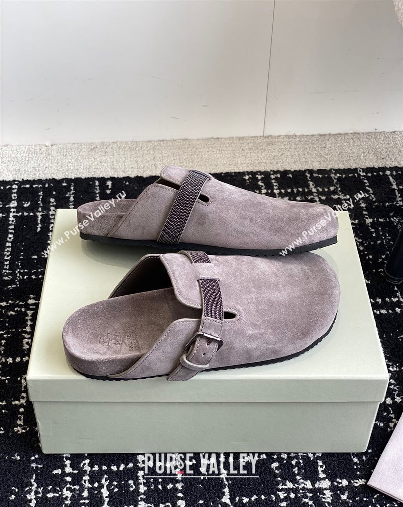 Brunello Cucinelli Monili Suede Buckle Flat Mules Gray 2024 (jincheng-24032714)