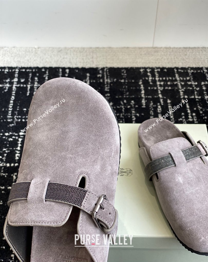 Brunello Cucinelli Monili Suede Buckle Flat Mules Gray 2024 (jincheng-24032714)