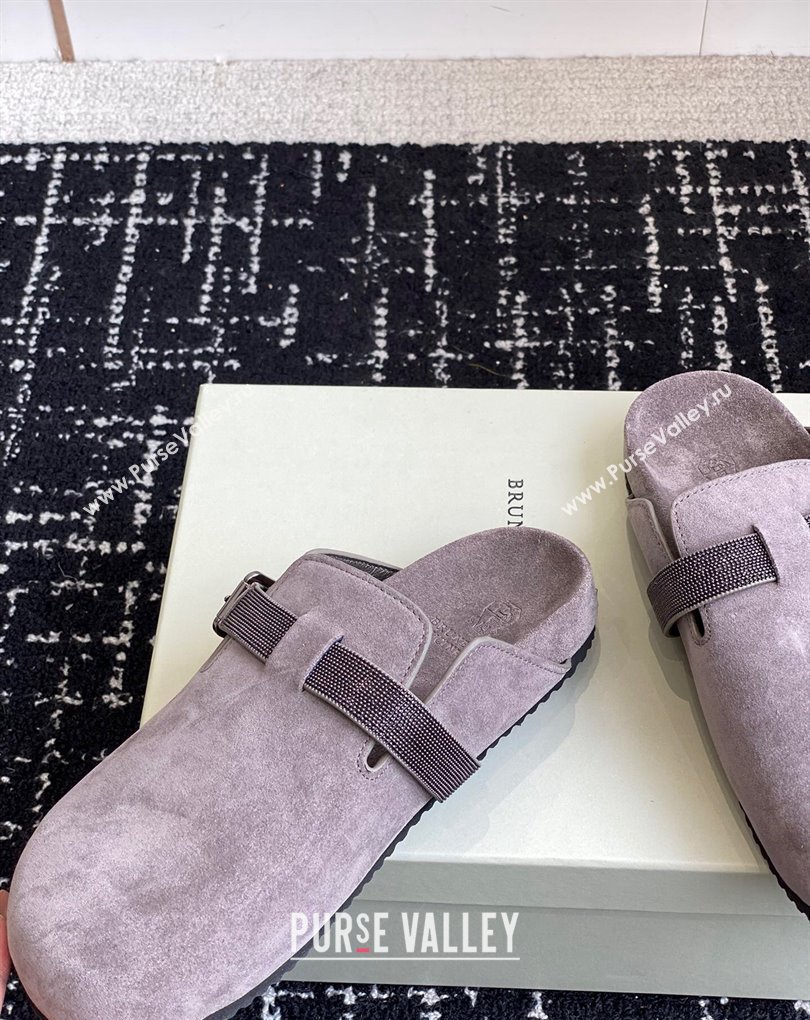 Brunello Cucinelli Monili Suede Buckle Flat Mules Gray 2024 (jincheng-24032714)