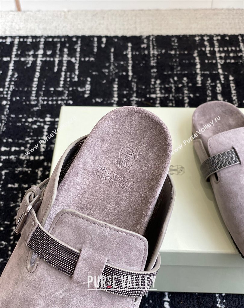 Brunello Cucinelli Monili Suede Buckle Flat Mules Gray 2024 (jincheng-24032714)