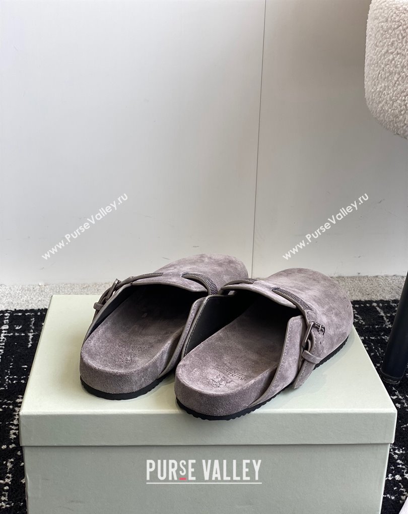 Brunello Cucinelli Monili Suede Buckle Flat Mules Gray 2024 (jincheng-24032714)
